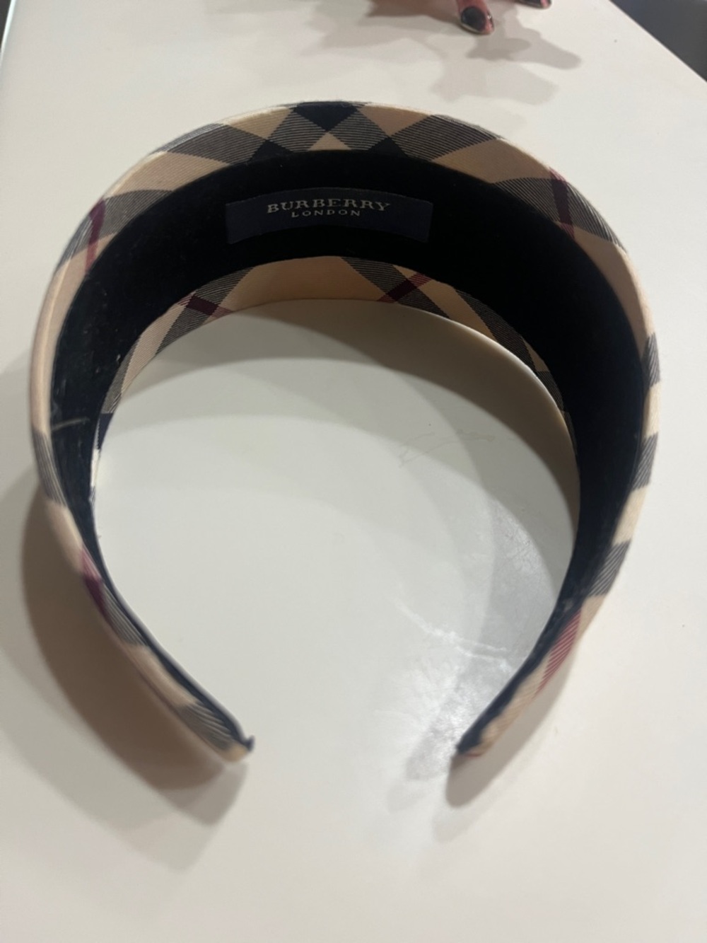 Burberry Beige Plaid Headband with Navy Label and Burgundy Stripes - Picture 3 of 5